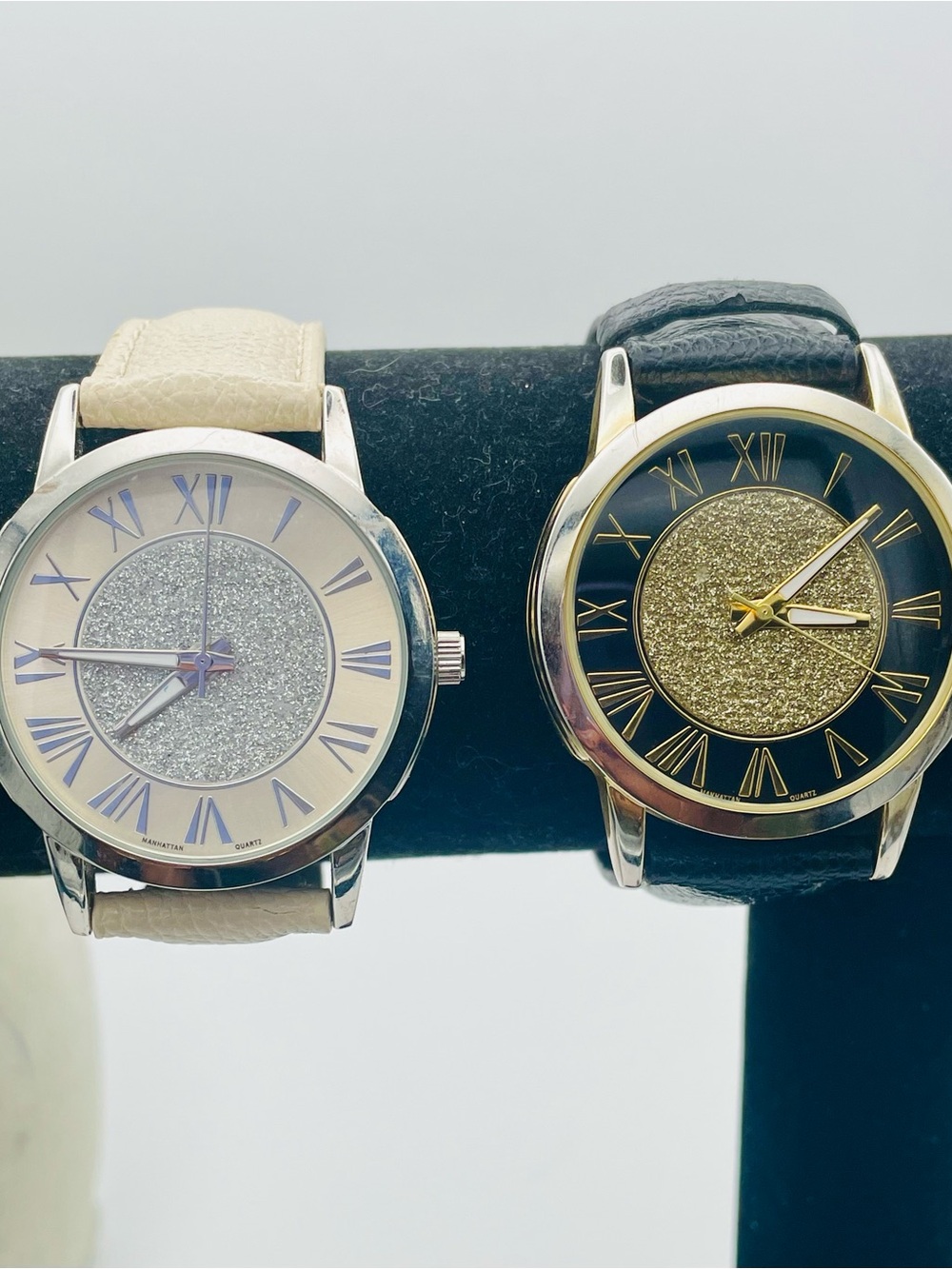 2 Manhattan by Croton Silver Glitter Dial Watches w/ Roman Numbers Black & Cream